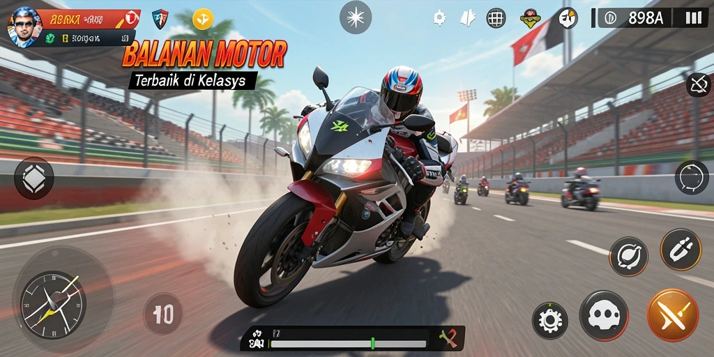 Screenshot gameplay 898A menampilkan balapan motor yang seru dan mendebarkan.