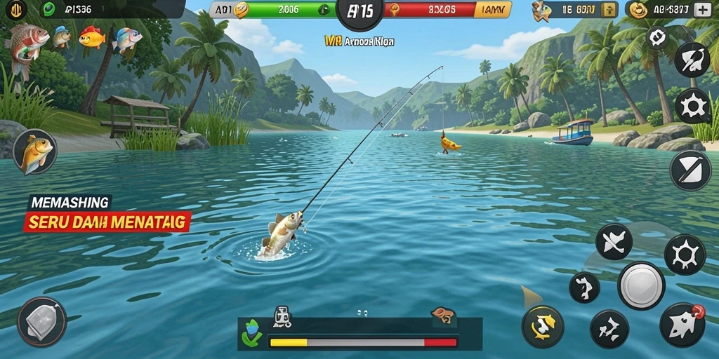 Screenshot menunjukkan pemain menangkap ikan besar dengan latar belakang laut yang indah.