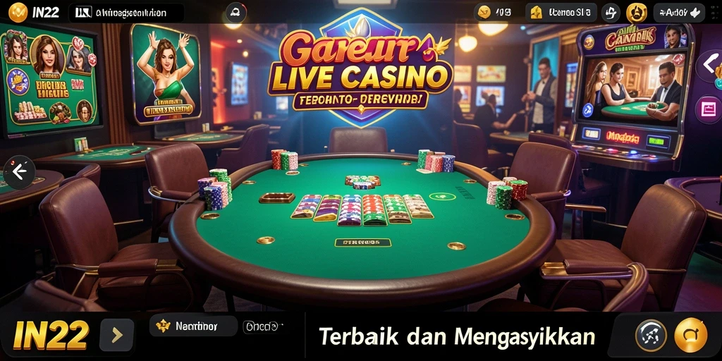 Tangkapan layar gameplay IN22 yang menampilkan dealer langsung dan pengalaman bermain yang mendebarkan.