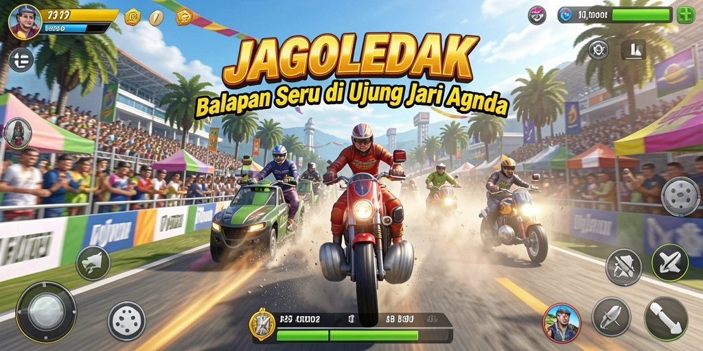 Tampilan gameplay seru di JAGOLEDAK, menampilkan aksi balapan cepat.