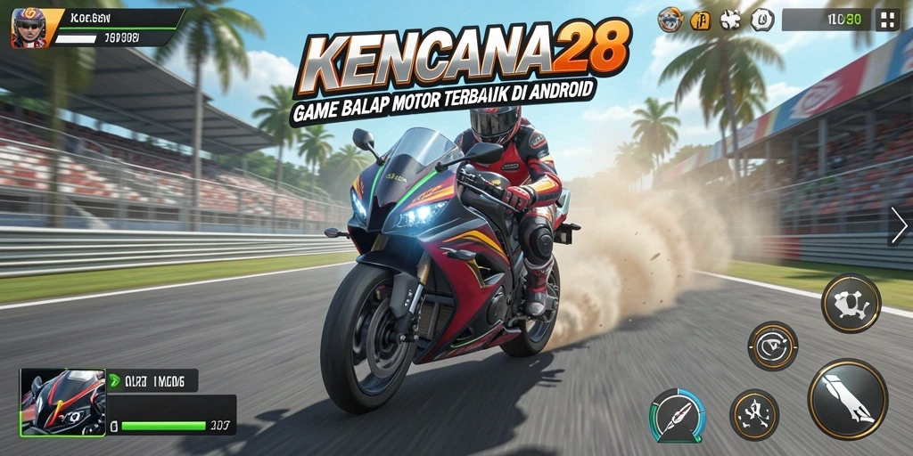 Tangkapan layar KENCANA28 menampilkan aksi balap motor intens dan grafis memukau.