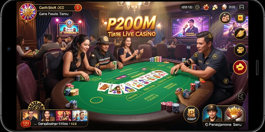 Screenshot gameplay P200M menunjukkan dealer langsung dan suasana kasino yang hidup.
