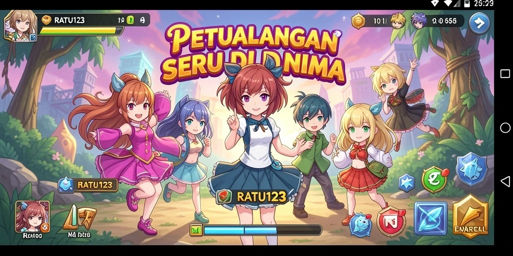 Tangkapan layar gameplay RATU123 yang menampilkan aksi seru karakter anime.
