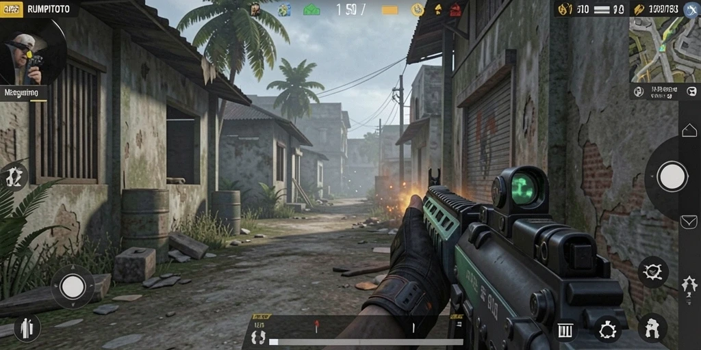 Screenshot gameplay RUMPITOTO yang menunjukkan aksi menembak seru.
