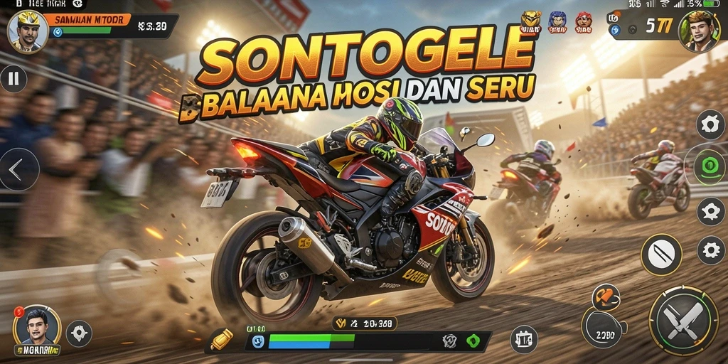 Screenshot gameplay SONTOGEL menampilkan aksi balapan motor yang menegangkan.